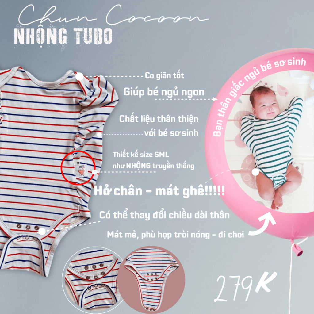 Nhộng hở chân Tudo (size S <6,5 kg, M 6,5 kg - 8,5 kg, L >8,5 kg)