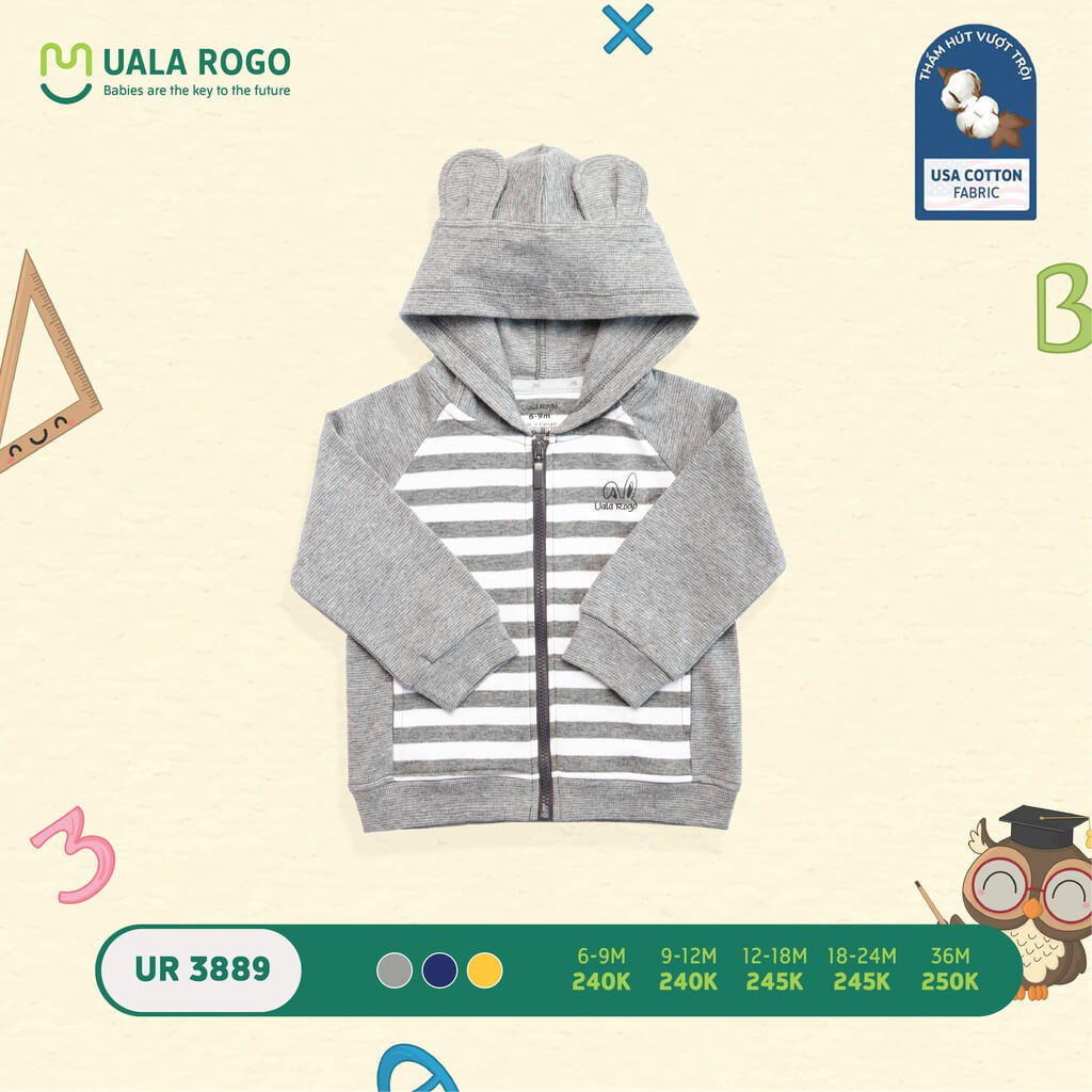 Áo khoác có mũ kẻ ngang to Ualarogo (6-9M, 9-12M, 12-18M, 18-24M, 36M), (Họa tiết Xanh, Ghi, Vàng) — ảnh 2