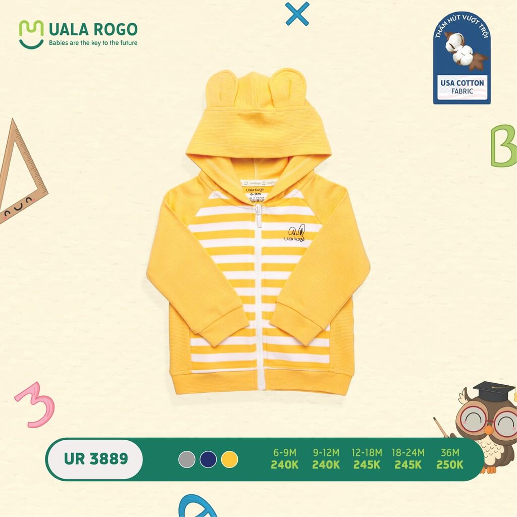 Áo khoác có mũ kẻ ngang to Ualarogo (6-9M, 9-12M, 12-18M, 18-24M, 36M), (Họa tiết Xanh, Ghi, Vàng) — ảnh 4