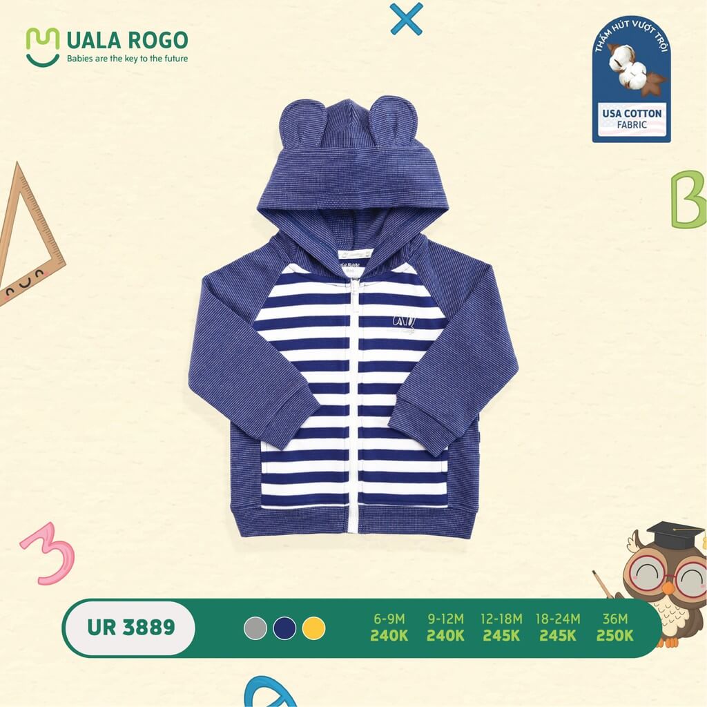 Áo khoác có mũ kẻ ngang to Ualarogo (6-9M, 9-12M, 12-18M, 18-24M, 36M), (Họa tiết Xanh, Ghi, Vàng) — ảnh 3