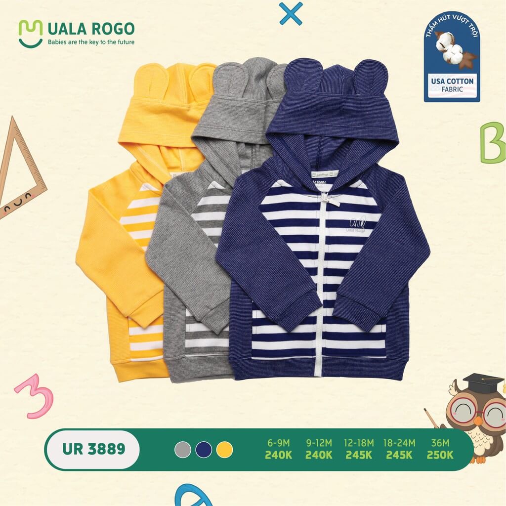 Áo khoác có mũ kẻ ngang to Ualarogo (6-9M, 9-12M, 12-18M, 18-24M, 36M), (Họa tiết Xanh, Ghi, Vàng)
