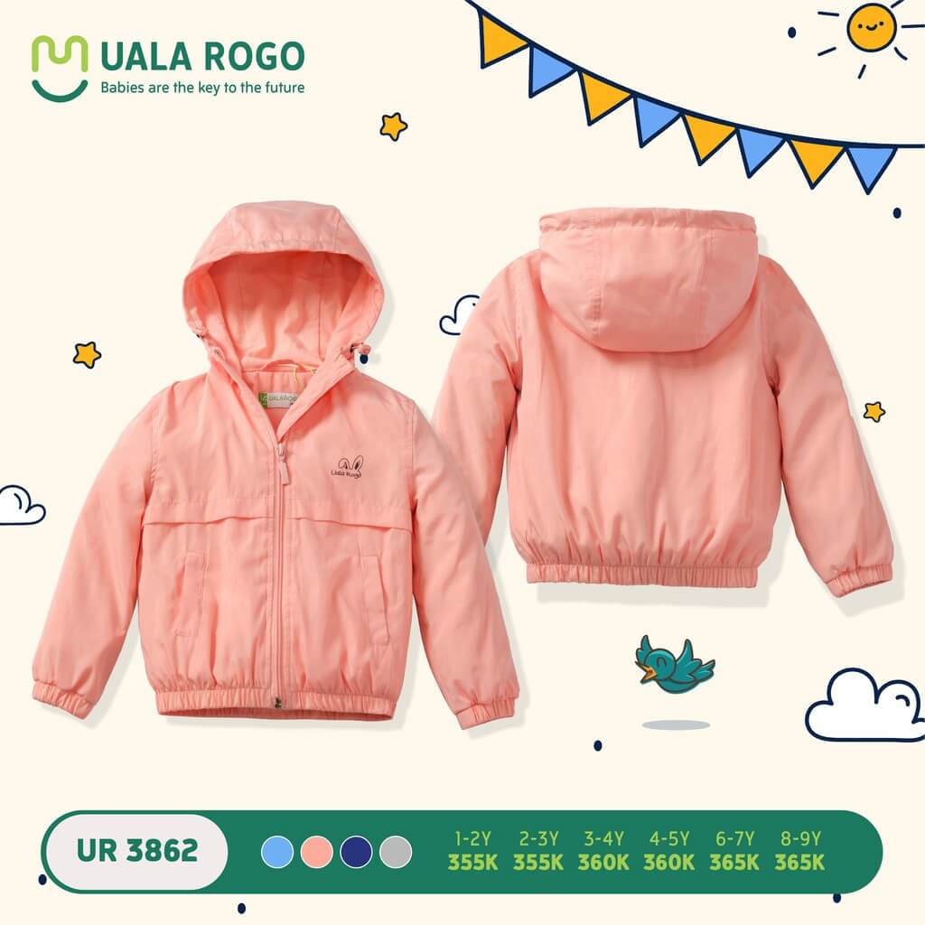 Áo khoác gió Ualarogo (1-2Y, 2-3Y, 3-4Y, 4-5Y, 6-7Y, 8-9Y), (Màu Xanh Than, Hồng, Xanh, Ghi) — ảnh 3