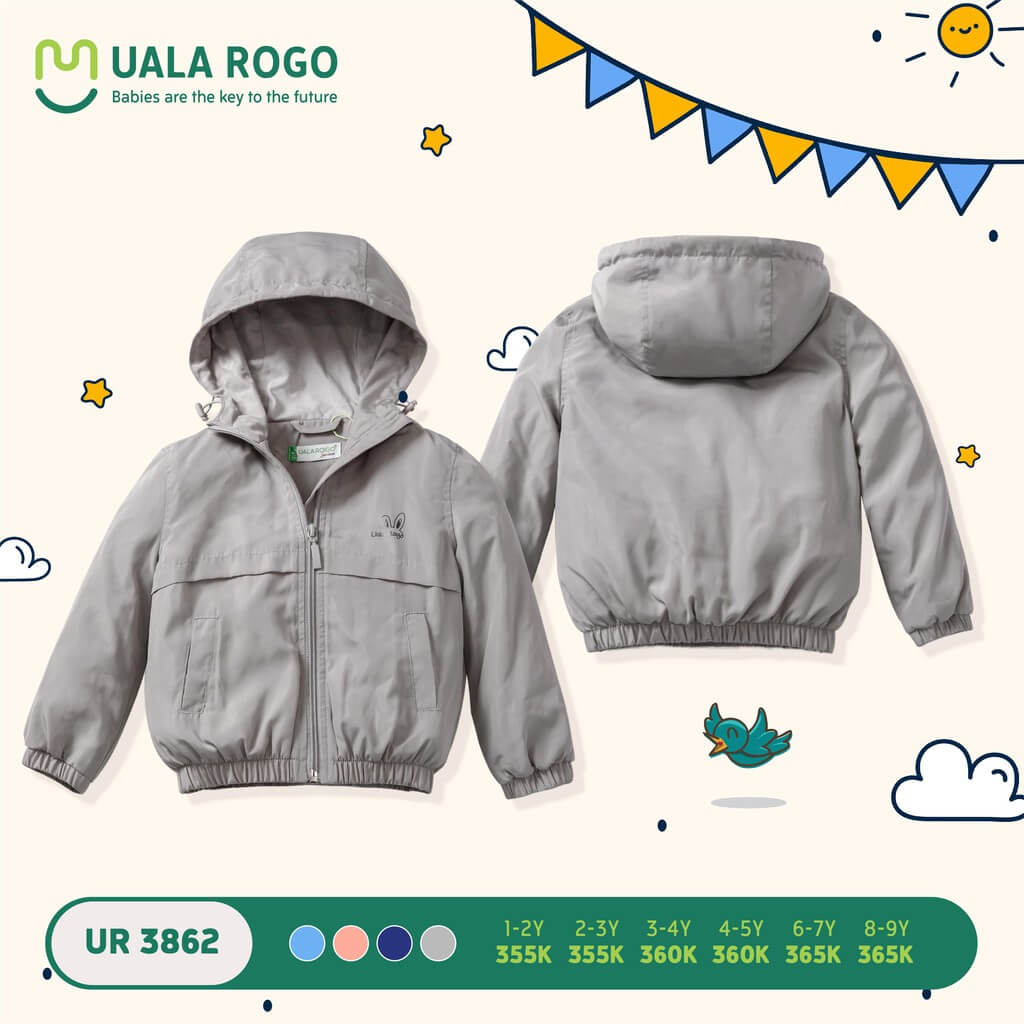 Áo khoác gió Ualarogo (1-2Y, 2-3Y, 3-4Y, 4-5Y, 6-7Y, 8-9Y), (Màu Xanh Than, Hồng, Xanh, Ghi) — ảnh 5