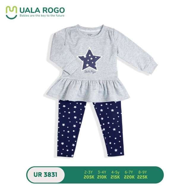 Bộ quần áo nỉ dài tay bé gái ghi in sao Ualarogo (2-3Y, 3-4Y)
