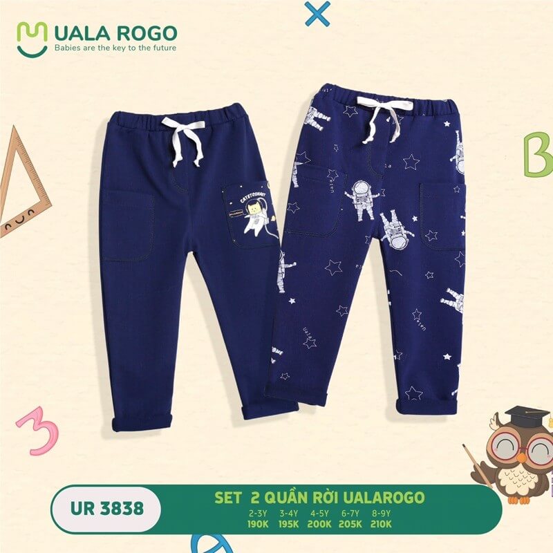 Set quần nỉ Ualarogo cho bé (2-3Y, 3-4Y), (Họa tiết Xanh Ghi, Sao Robot, Robot Phi Hành Gia) — ảnh 3