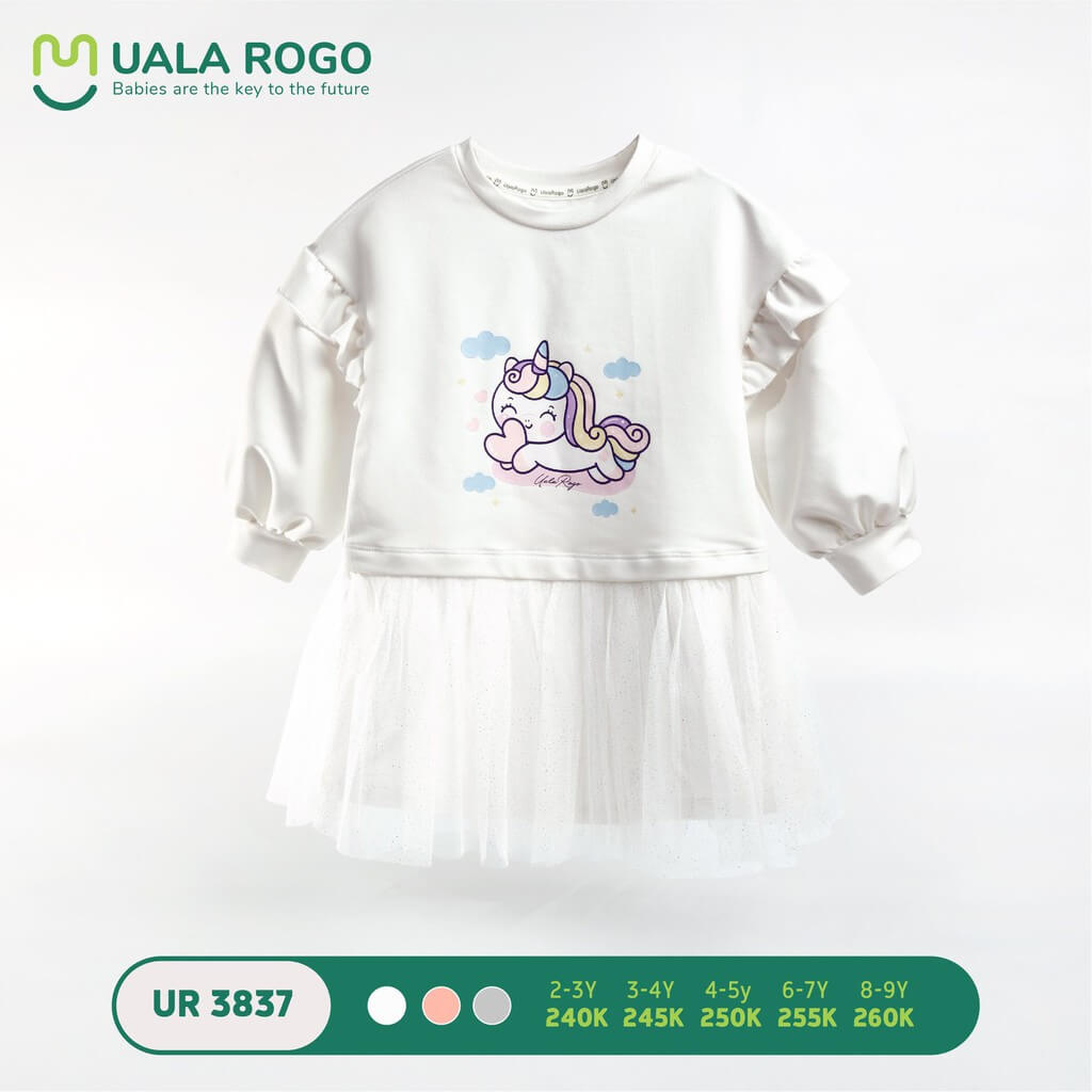 Váy nỉ bé gái Ualarogo in hình (2-3Y, 3-4Y), (Màu Trắng, Ghi, Cam) — ảnh 5