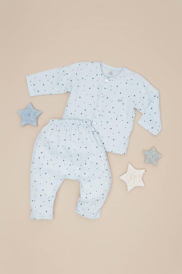 Bộ quần áo Nous Cài thẳng dài xô Wrinkle hoạ tiết sao (0M, 3M, 6M, 9M), (Màu Hồng, Xanh)