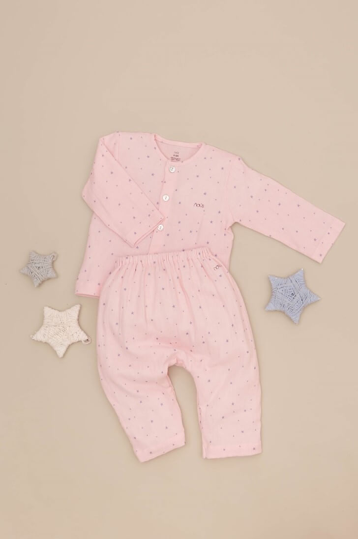 Bộ quần áo Nous Cài thẳng dài xô Wrinkle hoạ tiết sao (0M, 3M, 6M, 9M), (Màu Hồng, Xanh) — ảnh 2
