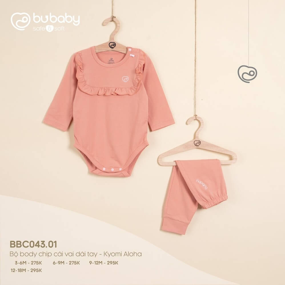 Bộ Bodychip Bu baby cài vai dài tay Kyomi Aloha (3-6M, 6-9M, 9-12M, 12-18M), (Họa tiết Be, Trắng - Vàng, Hồng)