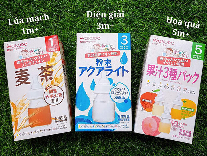 Trà Wakodo cho bé (Vị hoa quả 5M+, vị lúa mạch 1M+, trà bổ sung điện giải 3M+, trà Houji 1M+)