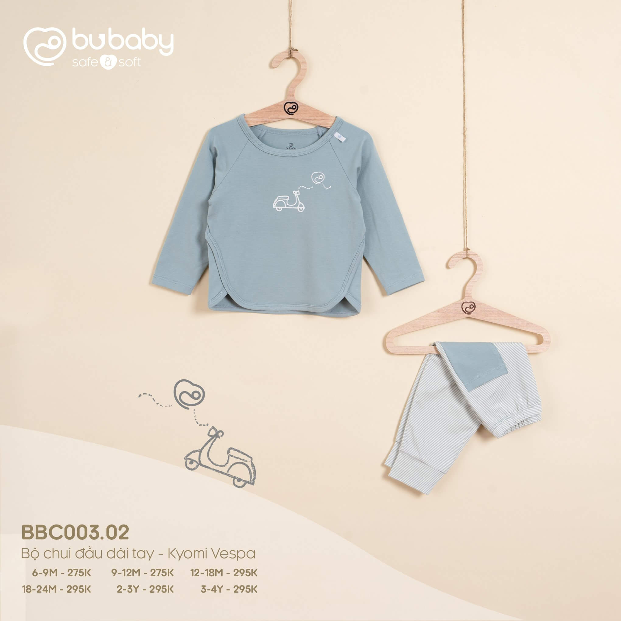 Bộ chui đầu dài tay Bu baby Kyomi Vespa (6-9M, 9-12M, 12-18M, 18-24M), (Họa tiết Xanh Ghi, Vàng, Cam đất, Cà Phê, Xanh đậm)
