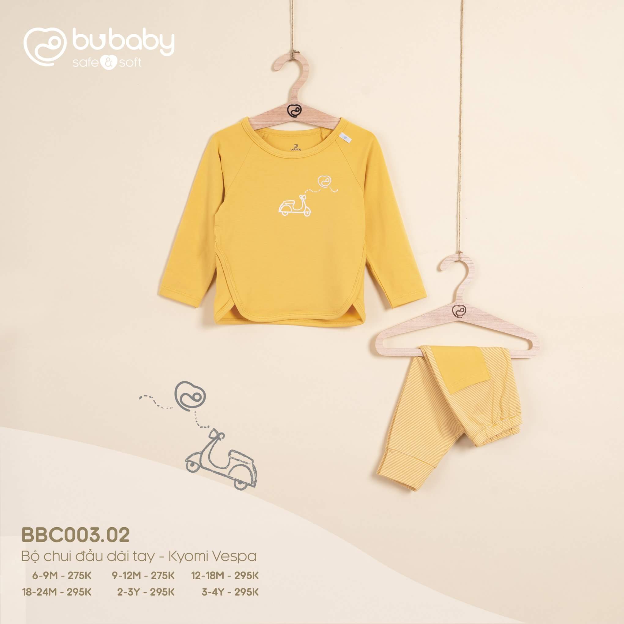 Bộ chui đầu dài tay Bu baby Kyomi Vespa (6-9M, 9-12M, 12-18M, 18-24M), (Họa tiết Xanh Ghi, Vàng, Cam đất, Cà Phê, Xanh đậm) — ảnh 2