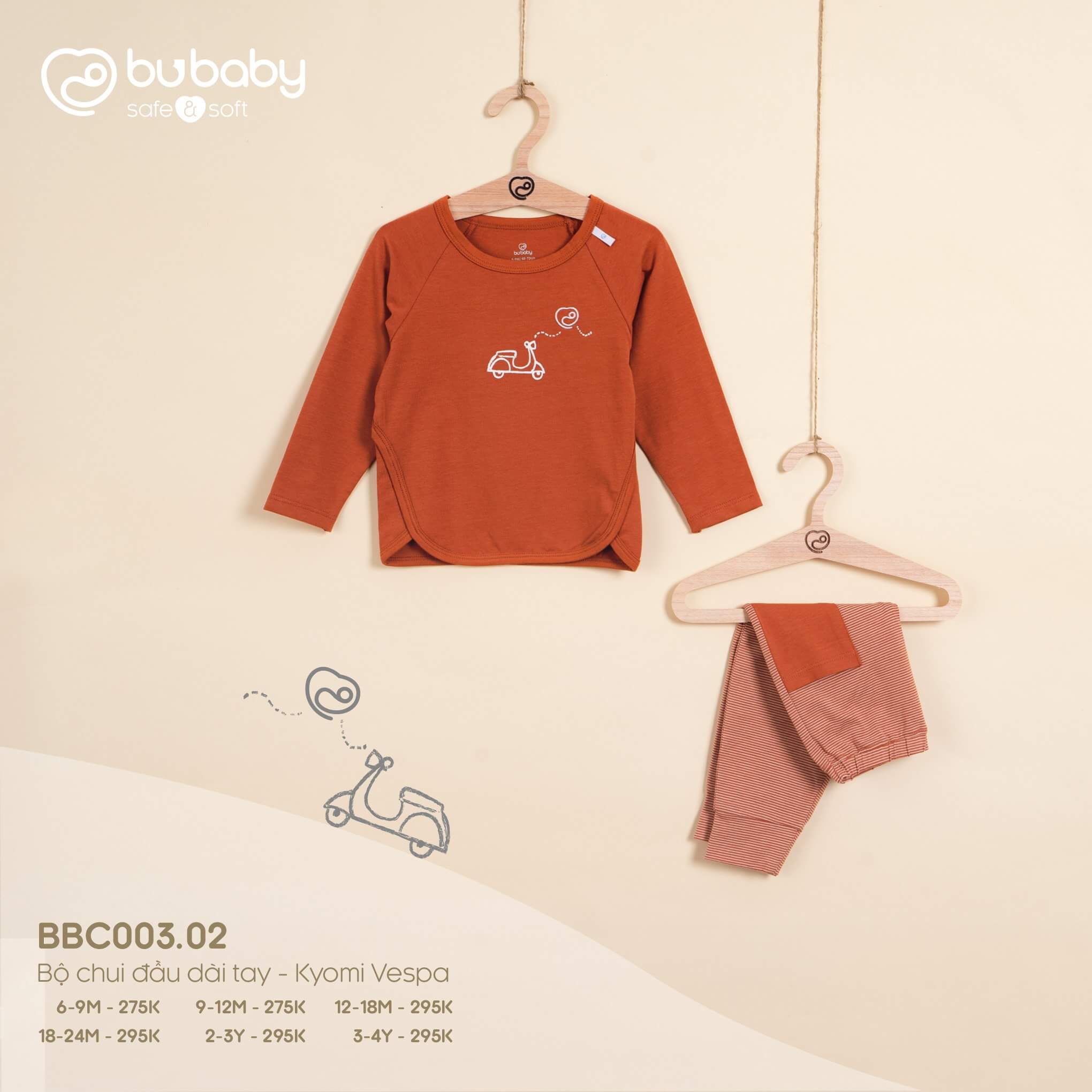 Bộ chui đầu dài tay Bu baby Kyomi Vespa (6-9M, 9-12M, 12-18M, 18-24M), (Họa tiết Xanh Ghi, Vàng, Cam đất, Cà Phê, Xanh đậm) — ảnh 3