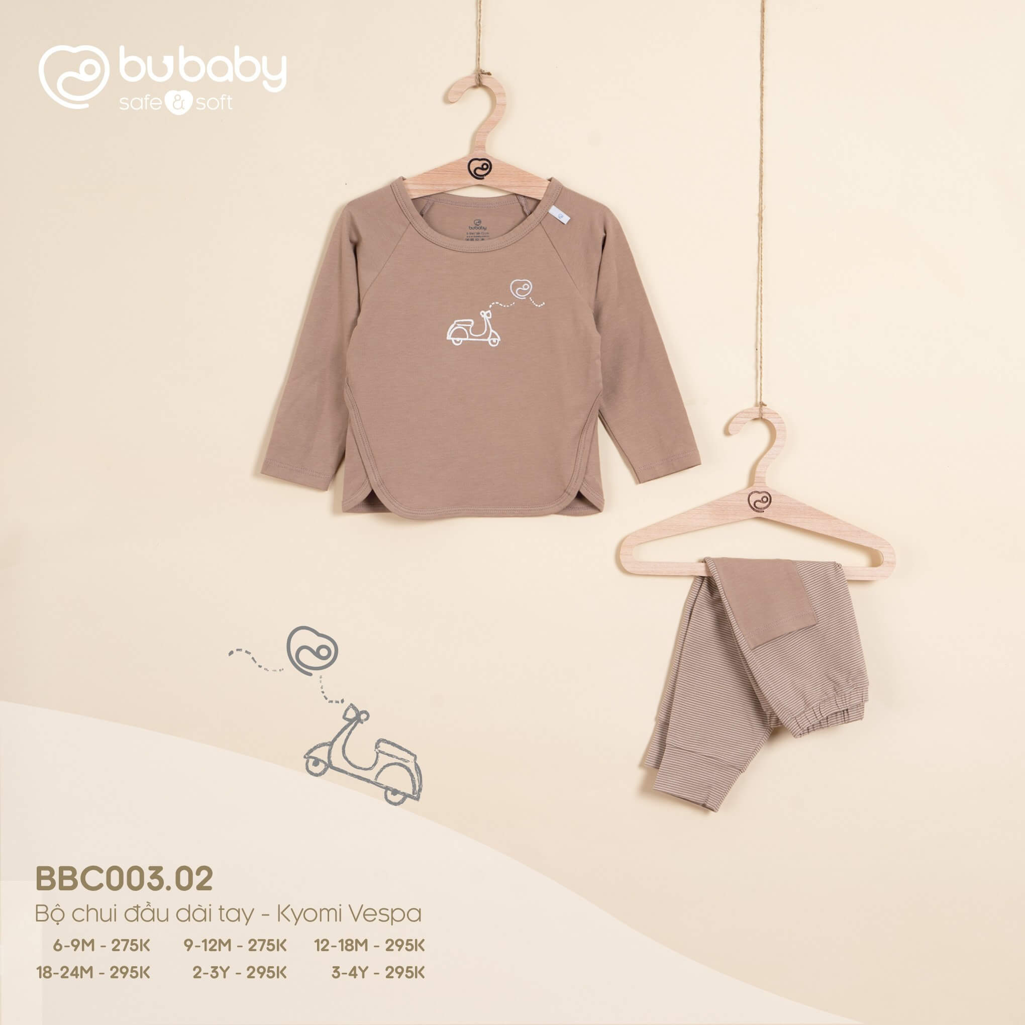 Bộ chui đầu dài tay Bu baby Kyomi Vespa (6-9M, 9-12M, 12-18M, 18-24M), (Họa tiết Xanh Ghi, Vàng, Cam đất, Cà Phê, Xanh đậm) — ảnh 4