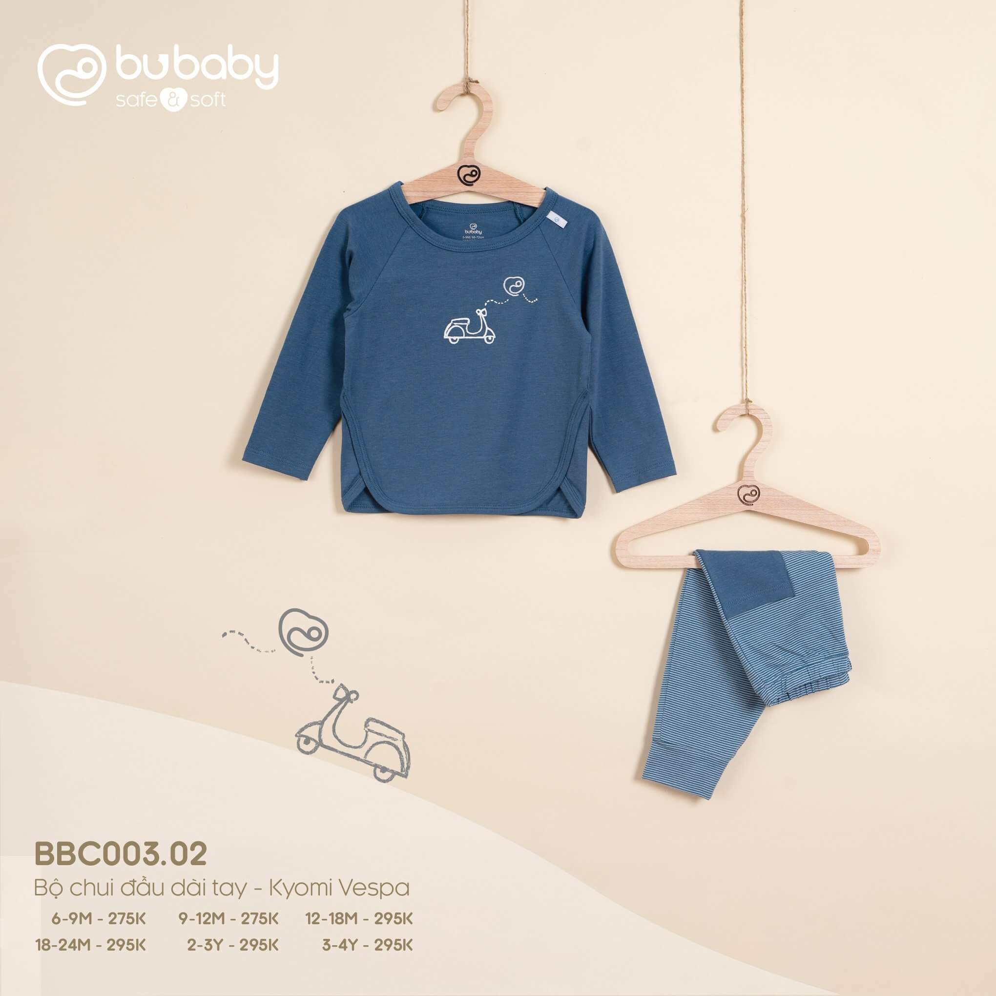 Bộ chui đầu dài tay Bu baby Kyomi Vespa (6-9M, 9-12M, 12-18M, 18-24M), (Họa tiết Xanh Ghi, Vàng, Cam đất, Cà Phê, Xanh đậm) — ảnh 5