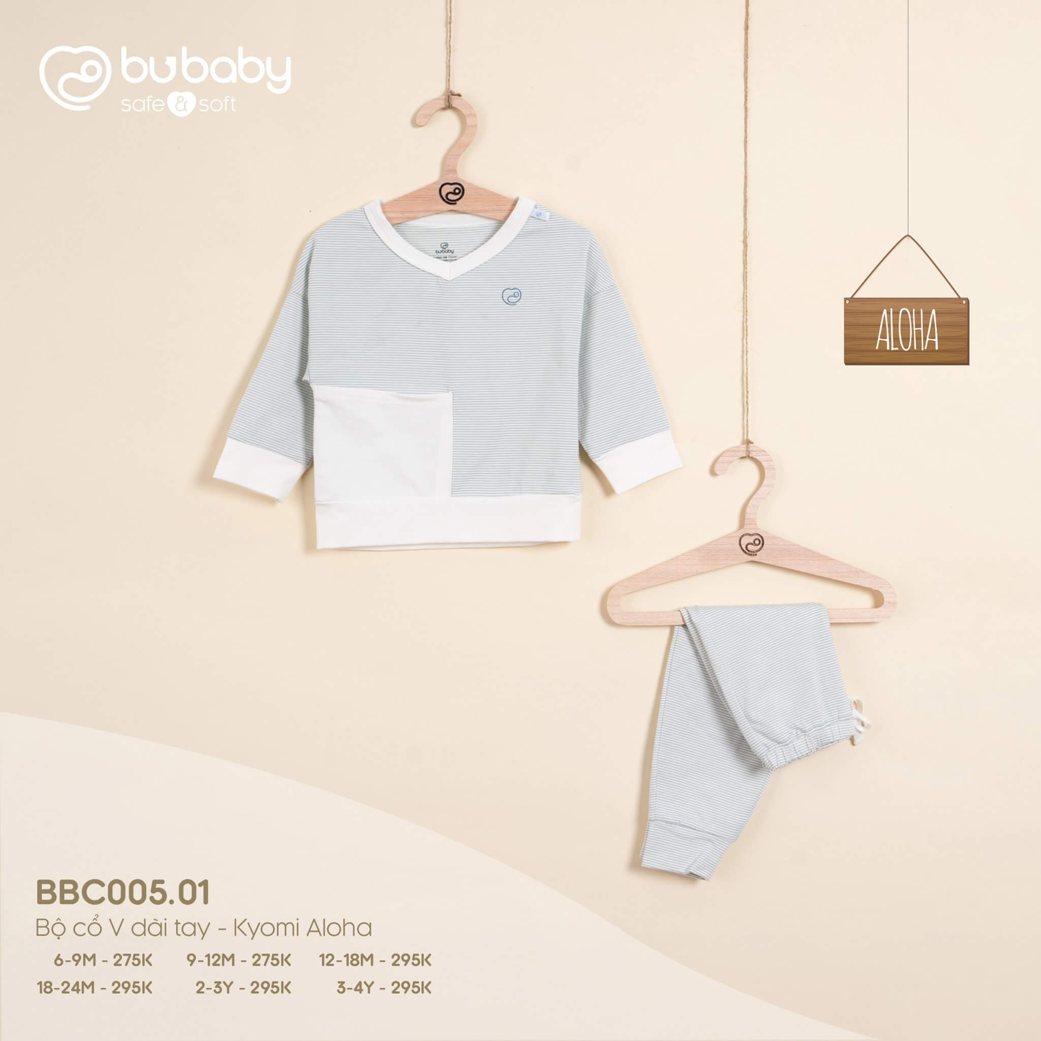 Bộ cổ V dài tay Bu baby Kyomi Aloha (6-9M, 9-12M, 12-18M, 18-24M), (Họa tiết Xanh Ghi, Vàng, Cam đất, Cà Phê, Xanh đậm)