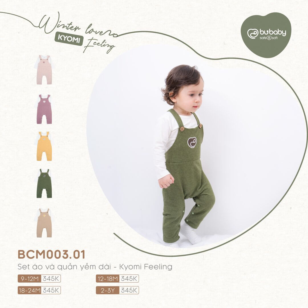 Set áo và quần yếm dài Bu Baby - Kyomi Feeling (6-12M, 12-18M, 18-24M), (Họa tiết Hồng Đậm, Vàng, Xám Nhạt, Xanh rêu)