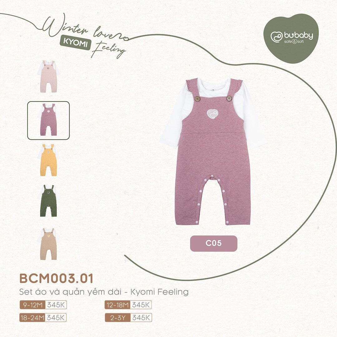 Set áo và quần yếm dài Bu Baby - Kyomi Feeling (6-12M, 12-18M, 18-24M), (Họa tiết Hồng Đậm, Vàng, Xám Nhạt, Xanh rêu) — ảnh 2