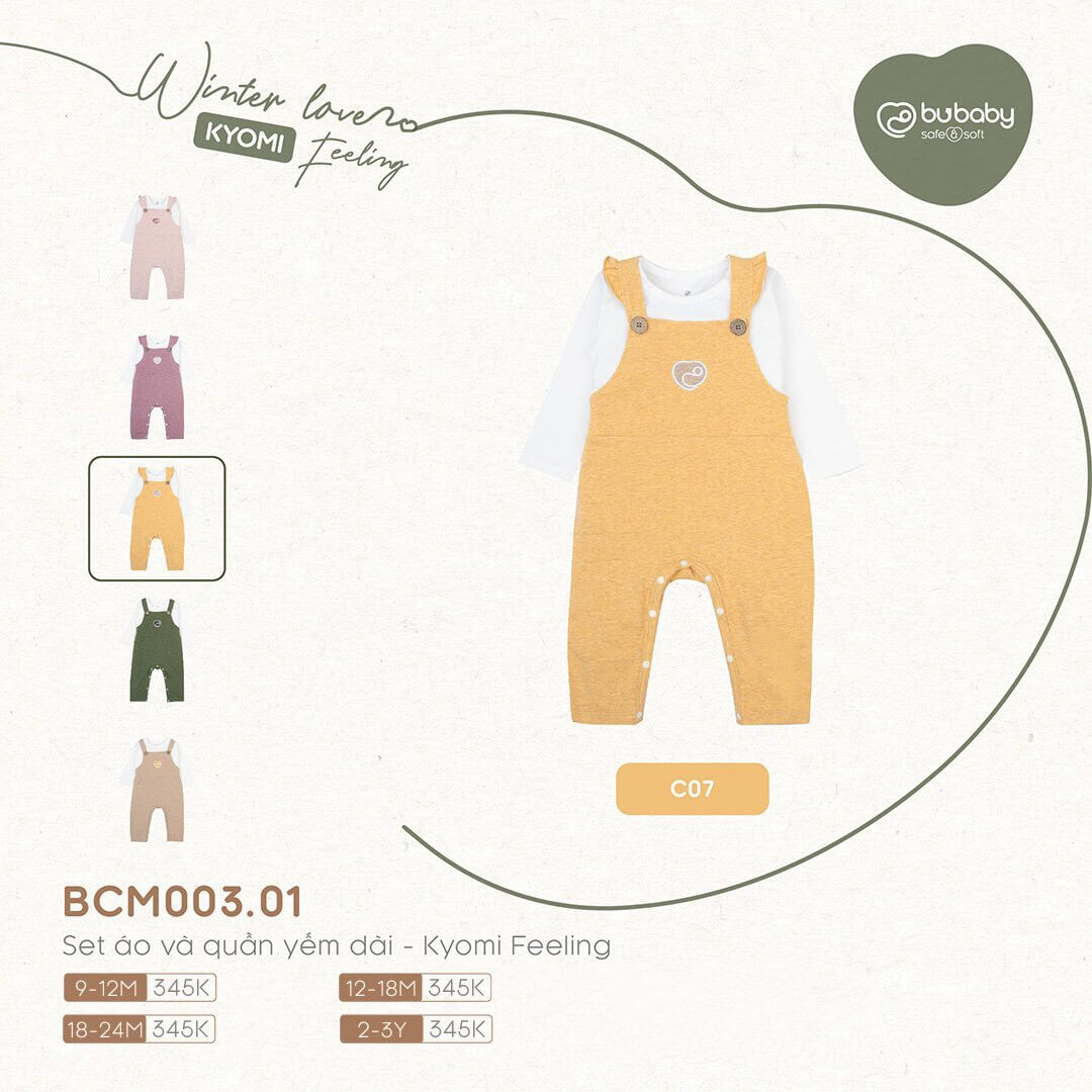 Set áo và quần yếm dài Bu Baby - Kyomi Feeling (6-12M, 12-18M, 18-24M), (Họa tiết Hồng Đậm, Vàng, Xám Nhạt, Xanh rêu) — ảnh 3