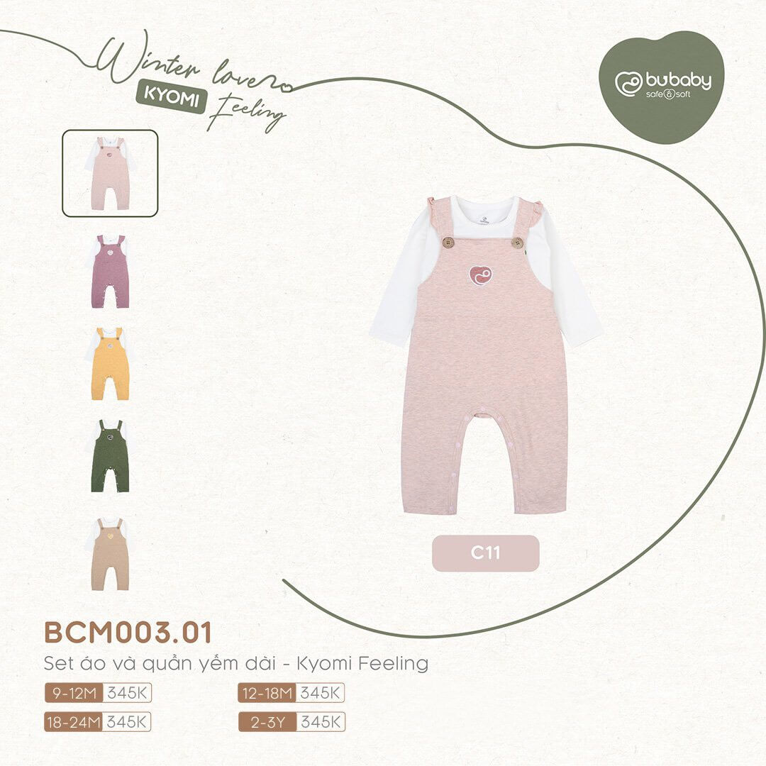 Set áo và quần yếm dài Bu Baby - Kyomi Feeling (6-12M, 12-18M, 18-24M), (Họa tiết Hồng Đậm, Vàng, Xám Nhạt, Xanh rêu) — ảnh 4