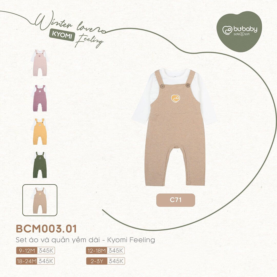 Set áo và quần yếm dài Bu Baby - Kyomi Feeling (6-12M, 12-18M, 18-24M), (Họa tiết Hồng Đậm, Vàng, Xám Nhạt, Xanh rêu) — ảnh 5