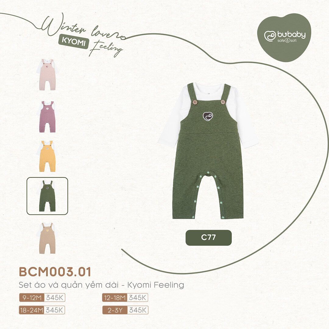 Set áo và quần yếm dài Bu Baby - Kyomi Feeling (6-12M, 12-18M, 18-24M), (Họa tiết Hồng Đậm, Vàng, Xám Nhạt, Xanh rêu) — ảnh 6