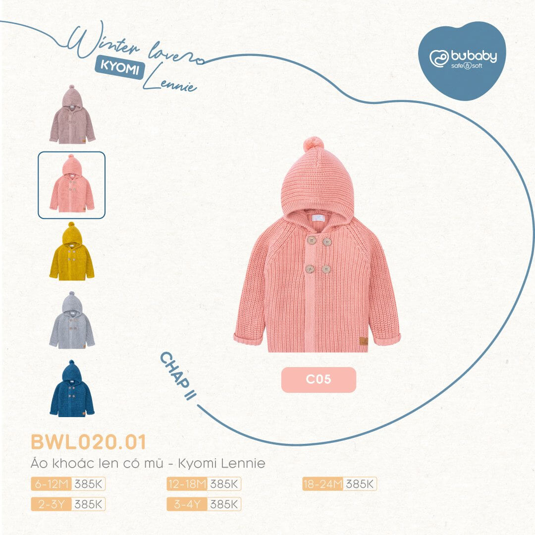 Áo khoác len có mũ Bu baby - Kyomi Lennie (6-12M, 12-18M, 18-24M), (Họa tiết Hồng, Vàng, Ghi, Xanh Đậm, Be) — ảnh 2