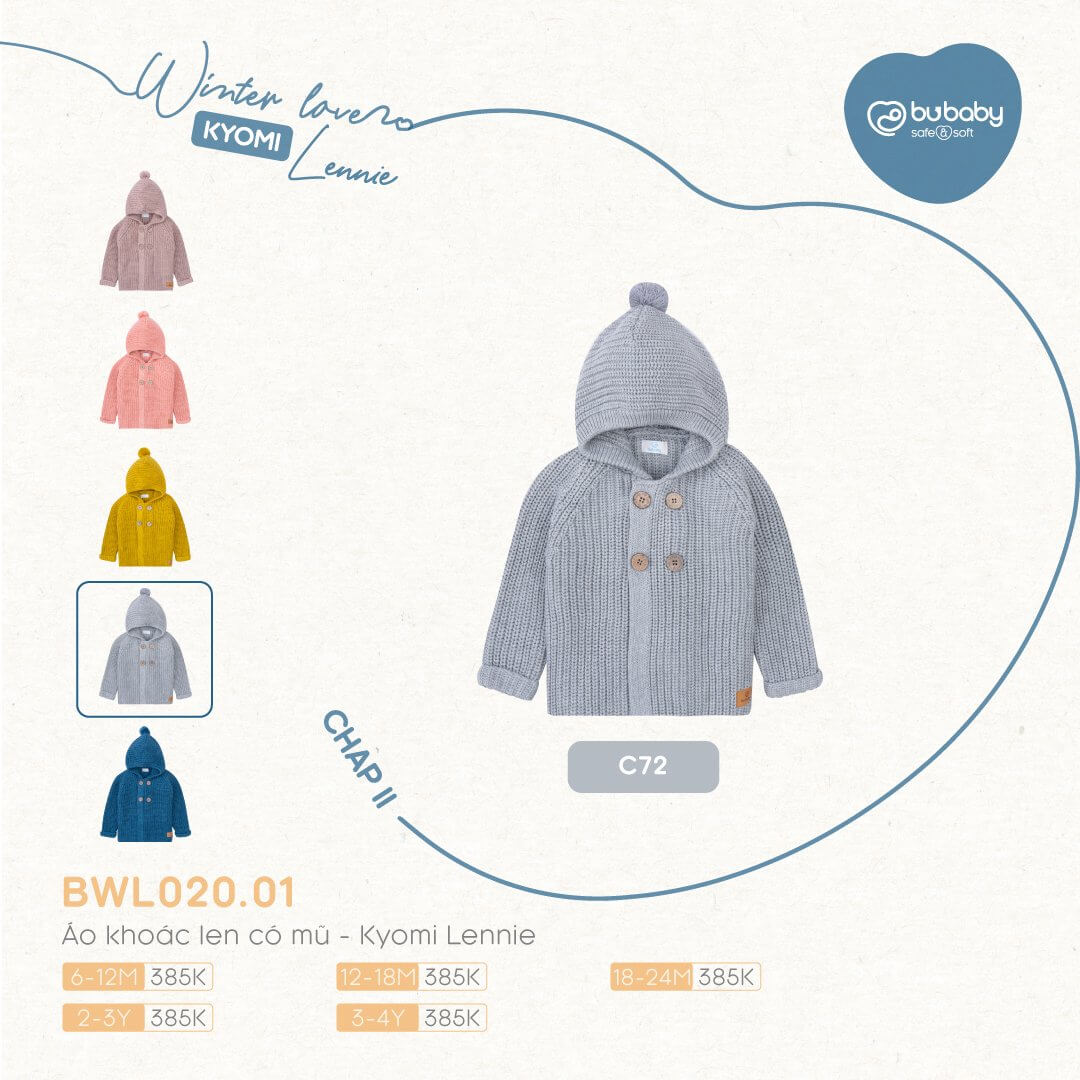 Áo khoác len có mũ Bu baby - Kyomi Lennie (6-12M, 12-18M, 18-24M), (Họa tiết Hồng, Vàng, Ghi, Xanh Đậm, Be) — ảnh 4