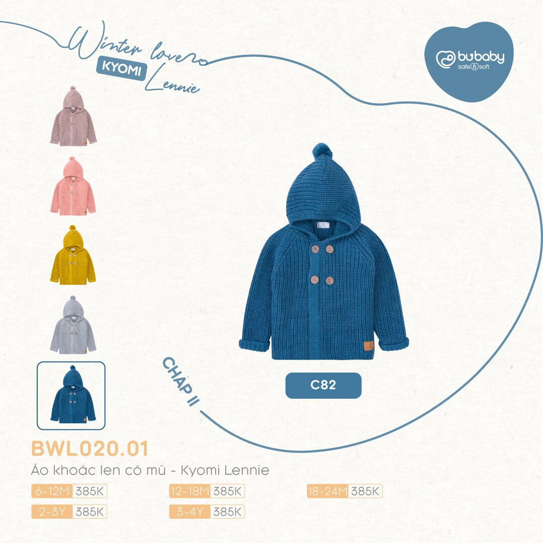 Áo khoác len có mũ Bu baby - Kyomi Lennie (6-12M, 12-18M, 18-24M), (Họa tiết Hồng, Vàng, Ghi, Xanh Đậm, Be) — ảnh 5