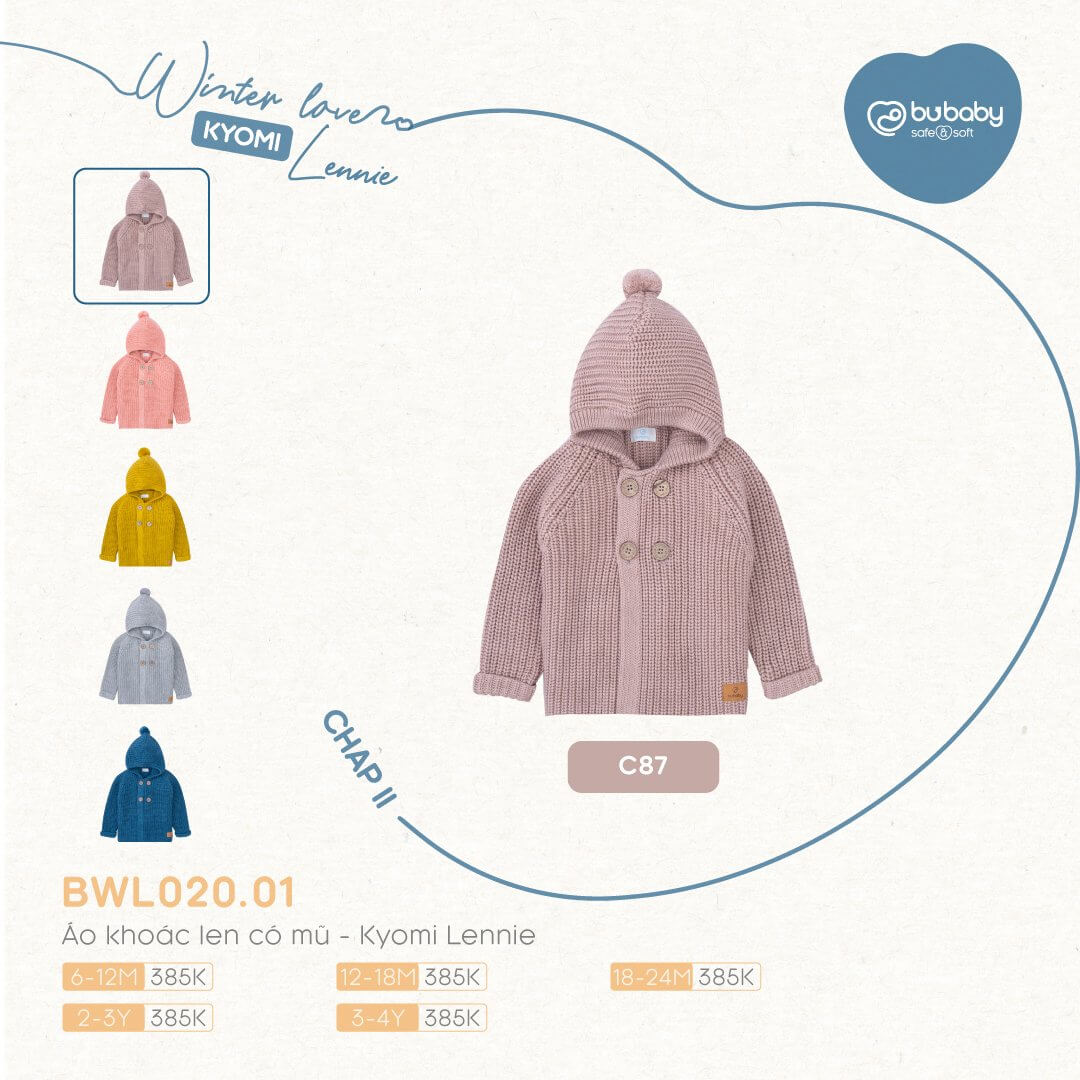 Áo khoác len có mũ Bu baby - Kyomi Lennie (6-12M, 12-18M, 18-24M), (Họa tiết Hồng, Vàng, Ghi, Xanh Đậm, Be) — ảnh 6