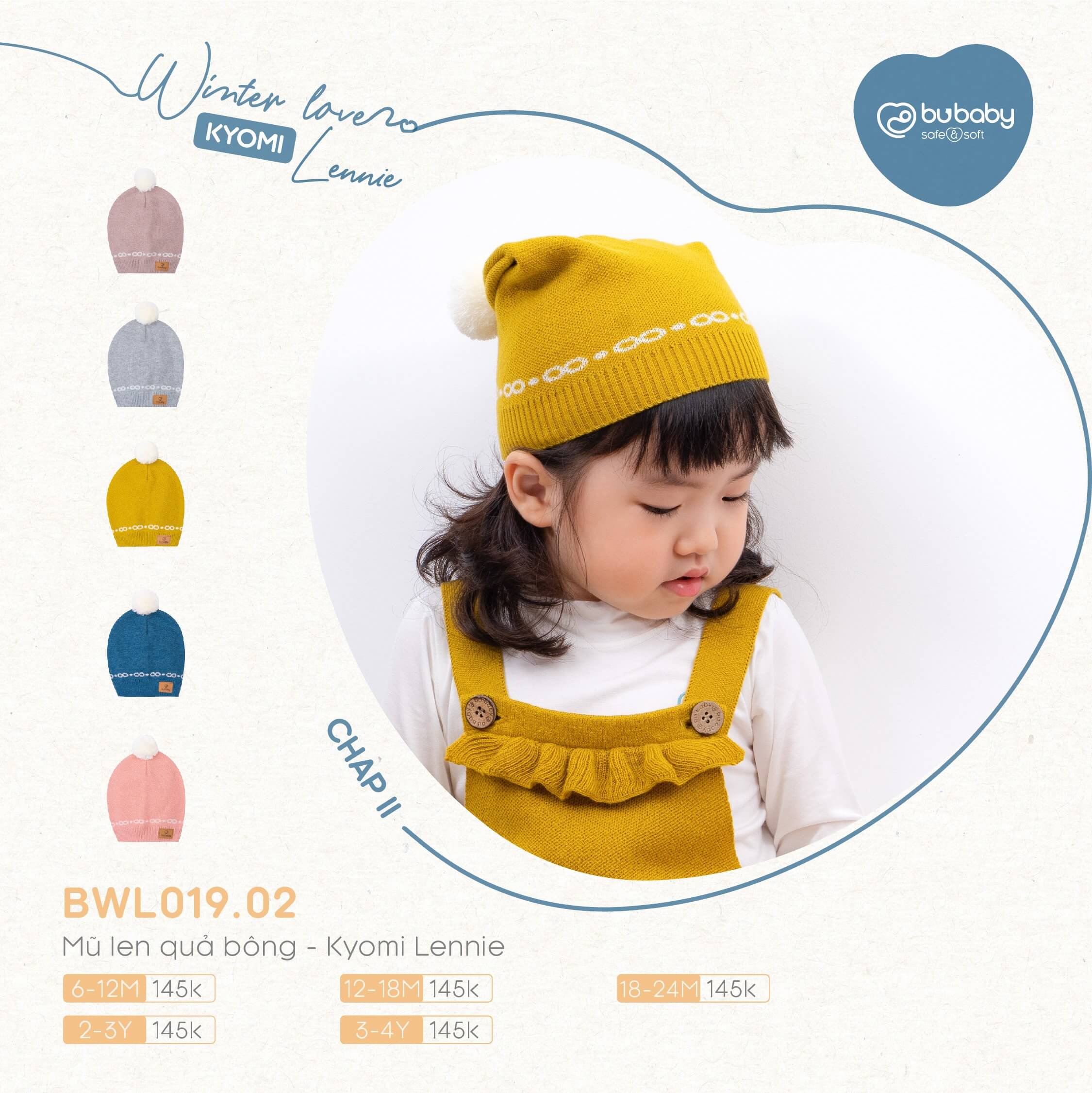 Mũ len quả bông Bu baby - Kyomi Lennie (6-12M, 12-18M, 18-24M), (Họa tiết Hồng, Vàng, Ghi, Xanh Đậm, Be)