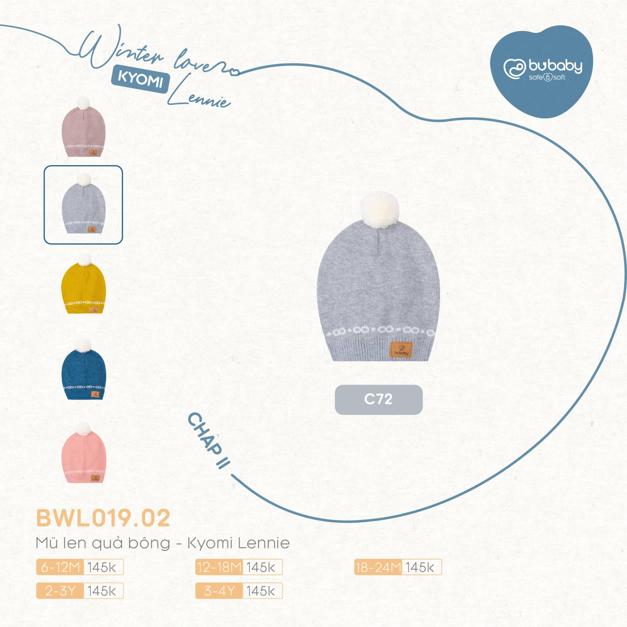 Mũ len quả bông Bu baby - Kyomi Lennie (6-12M, 12-18M, 18-24M), (Họa tiết Hồng, Vàng, Ghi, Xanh Đậm, Be) — ảnh 3