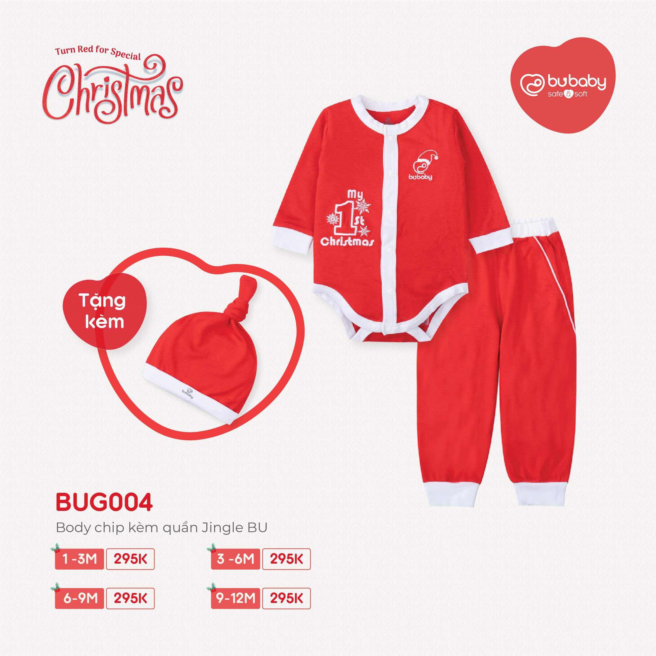 Body chip quần dài Jingle Bubaby kèm mũ giáng sinh (1-3M, 3-6M, 6-9M, 9-12M)