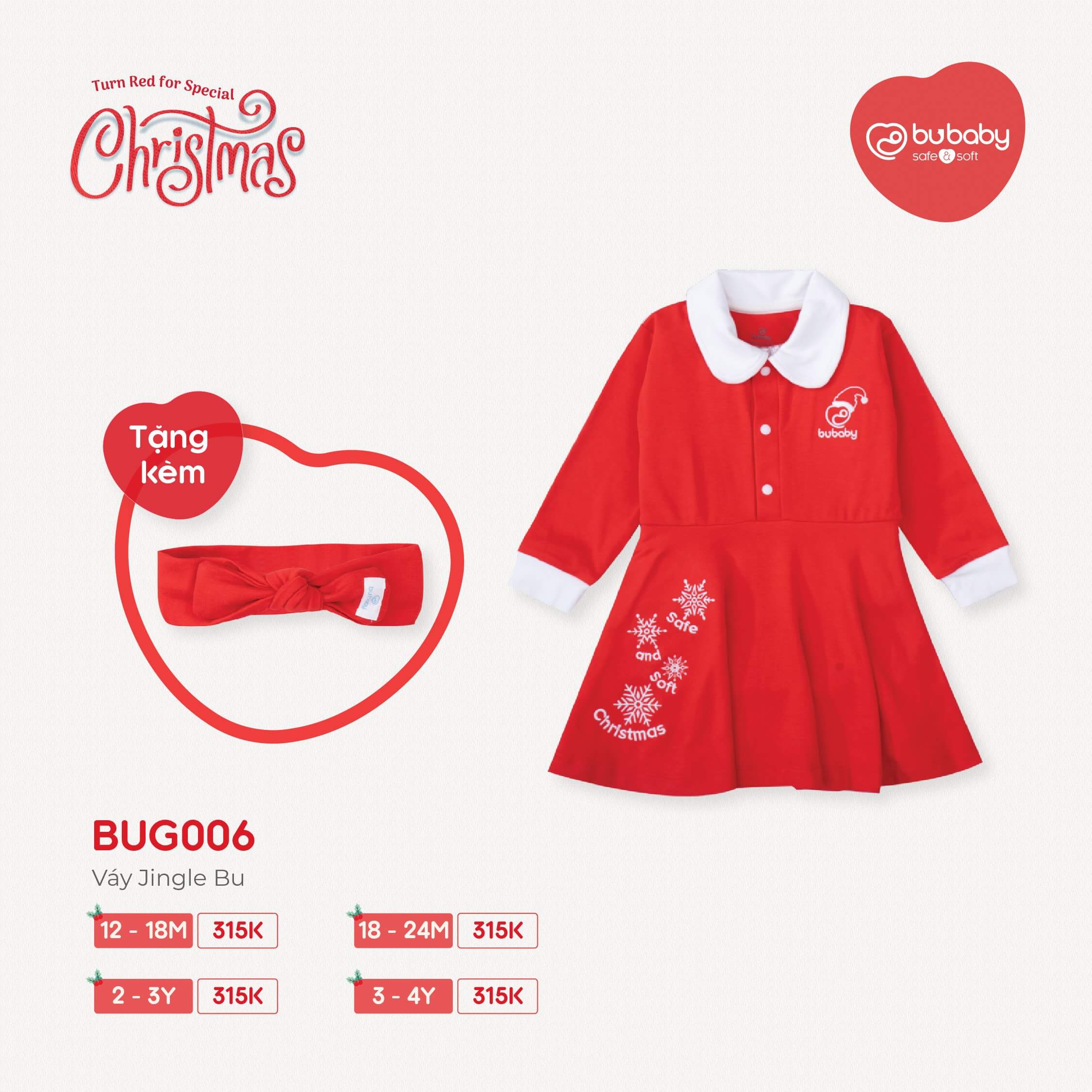 Váy Jingle Bubaby kèm nơ giang sinh 12-18M - Đỏ - Trắng