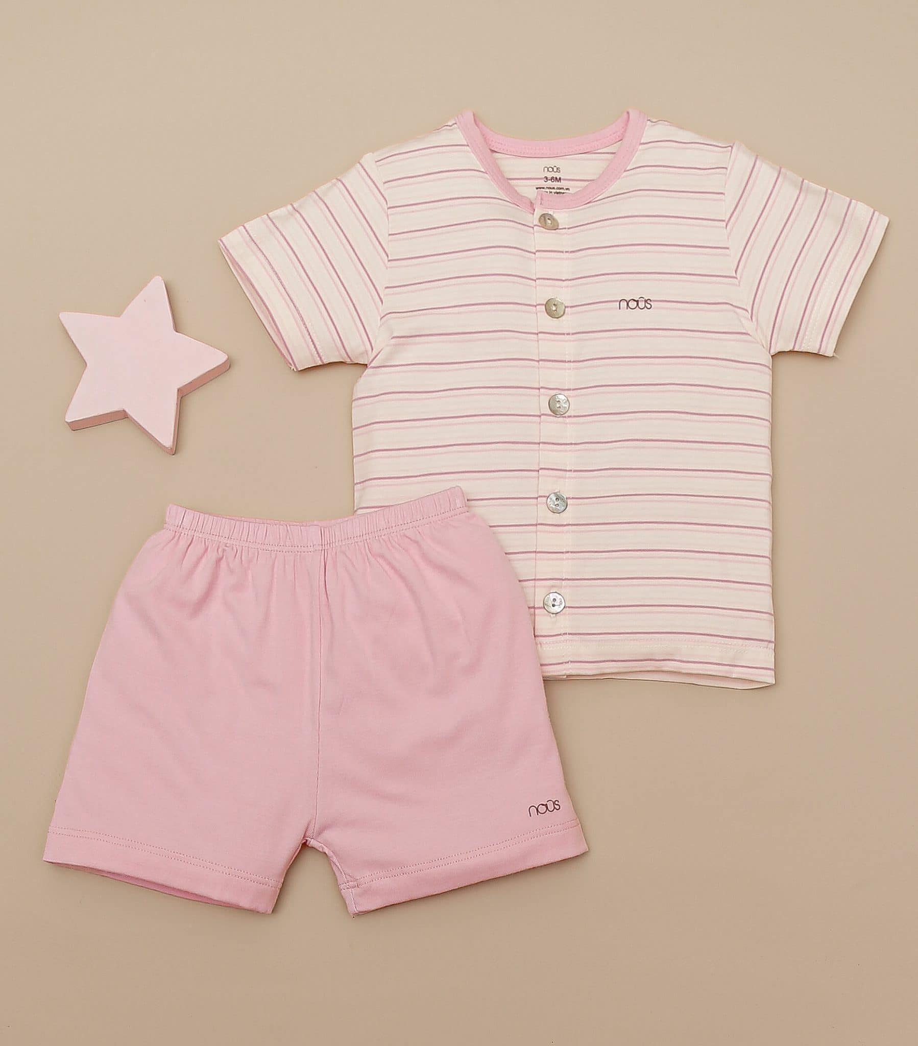 Nous - Bộ cài thẳng cộc petit kẻ trắng hồng 6M