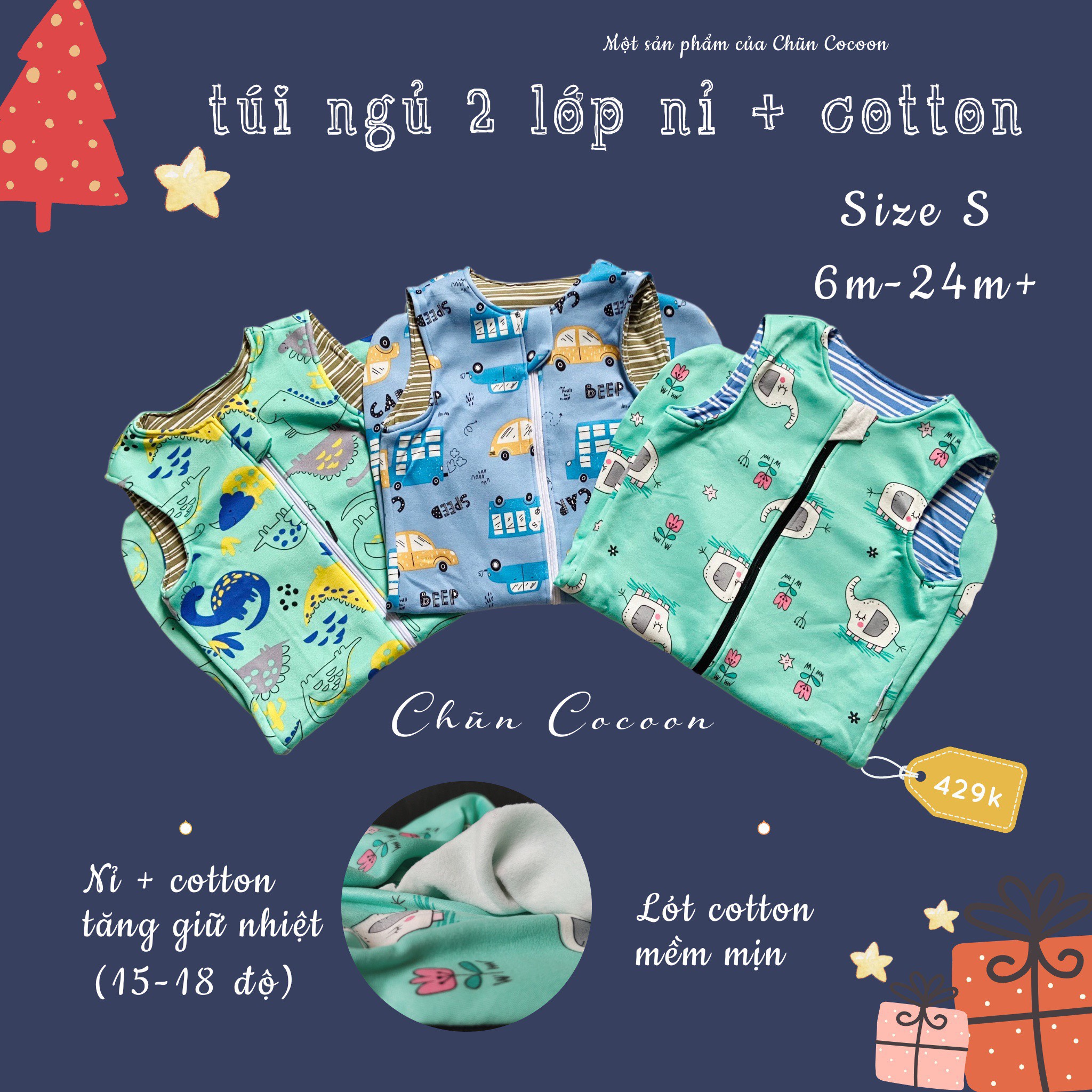 Túi ngủ 2 lớp nỉ không tay size S