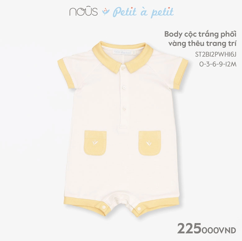 Body Nous cộc trắng phối vàng thêu trang trí 0M, 3M, 6M, 9M, 12M