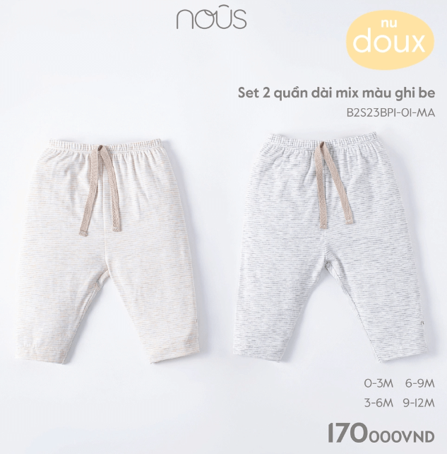 Set Nous 2 quần dài mix màu ghi be (0M, 3M)