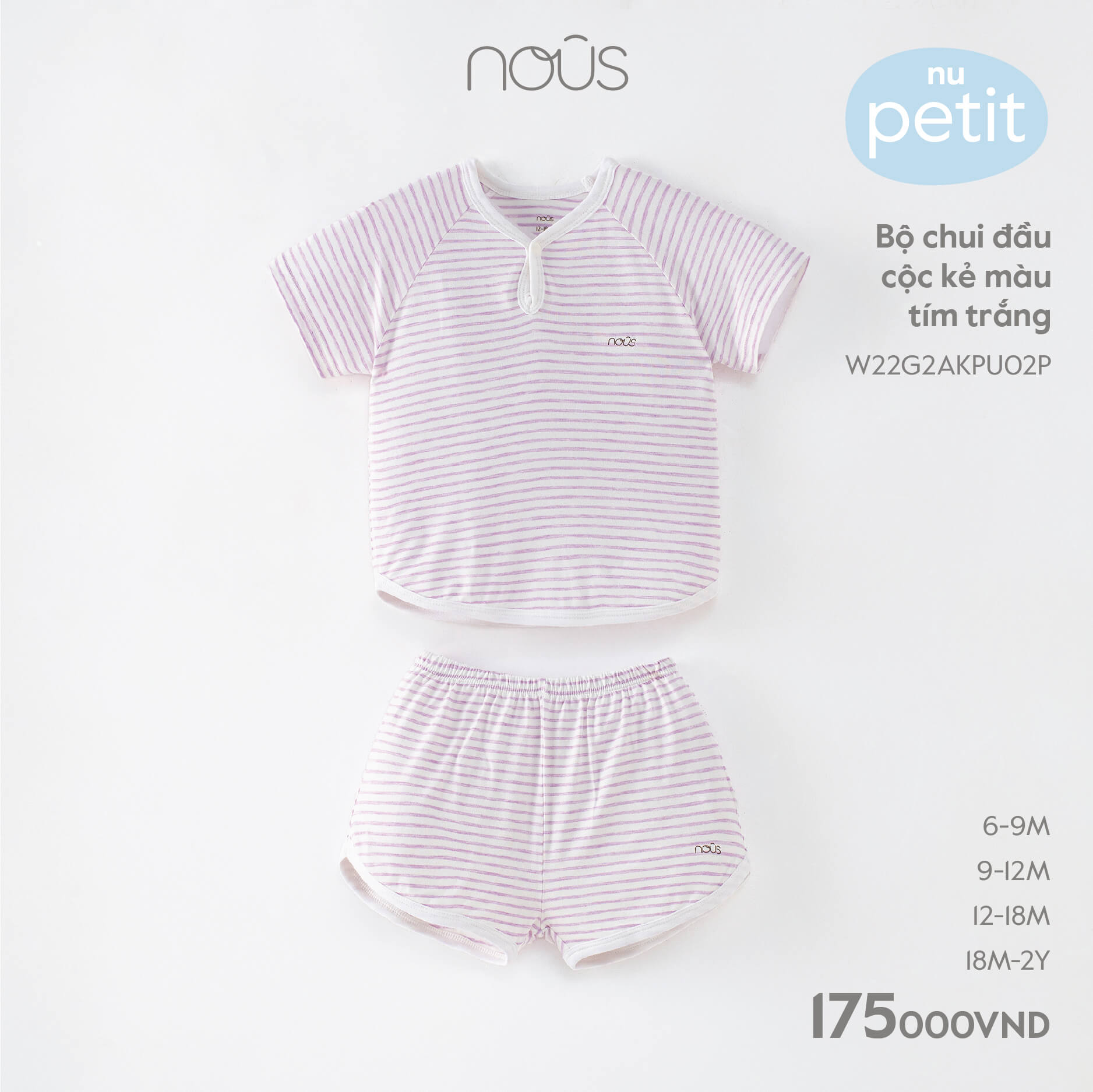 Bộ Nous chui đầu cộc kẻ màu tím trắng (6M, 9M, 12M, 18M)