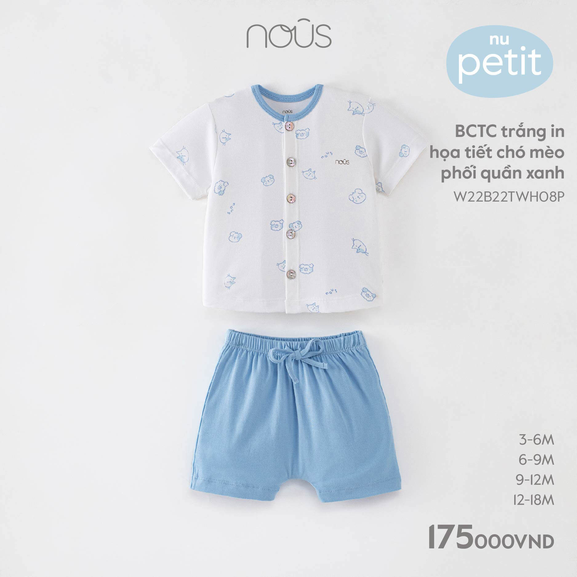 BCTC Nous trắng in họa tiết chó mèo phối quần xanh (3M, 6M, 9M, 12M)