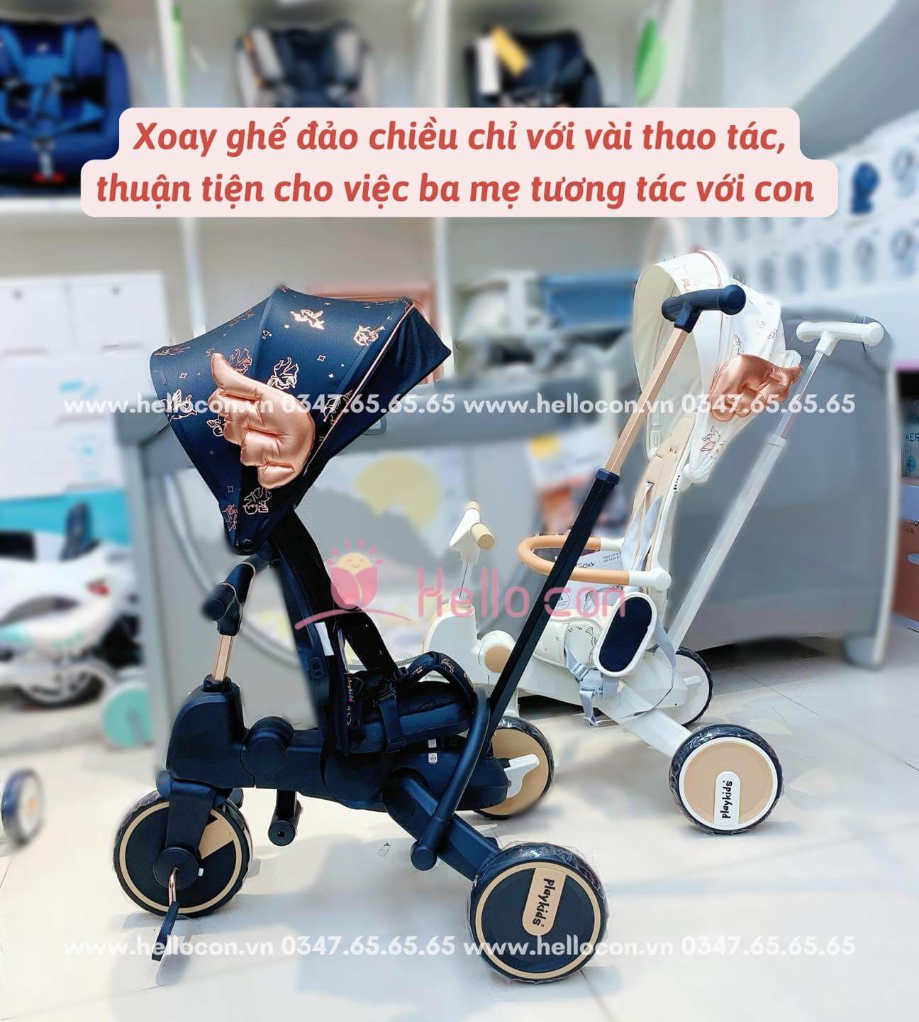Xe đạp 3 bánh Playkids S03 kèm tay đẩy, mái che, ghế đảo chiều, có thể gập gọn — ảnh 2