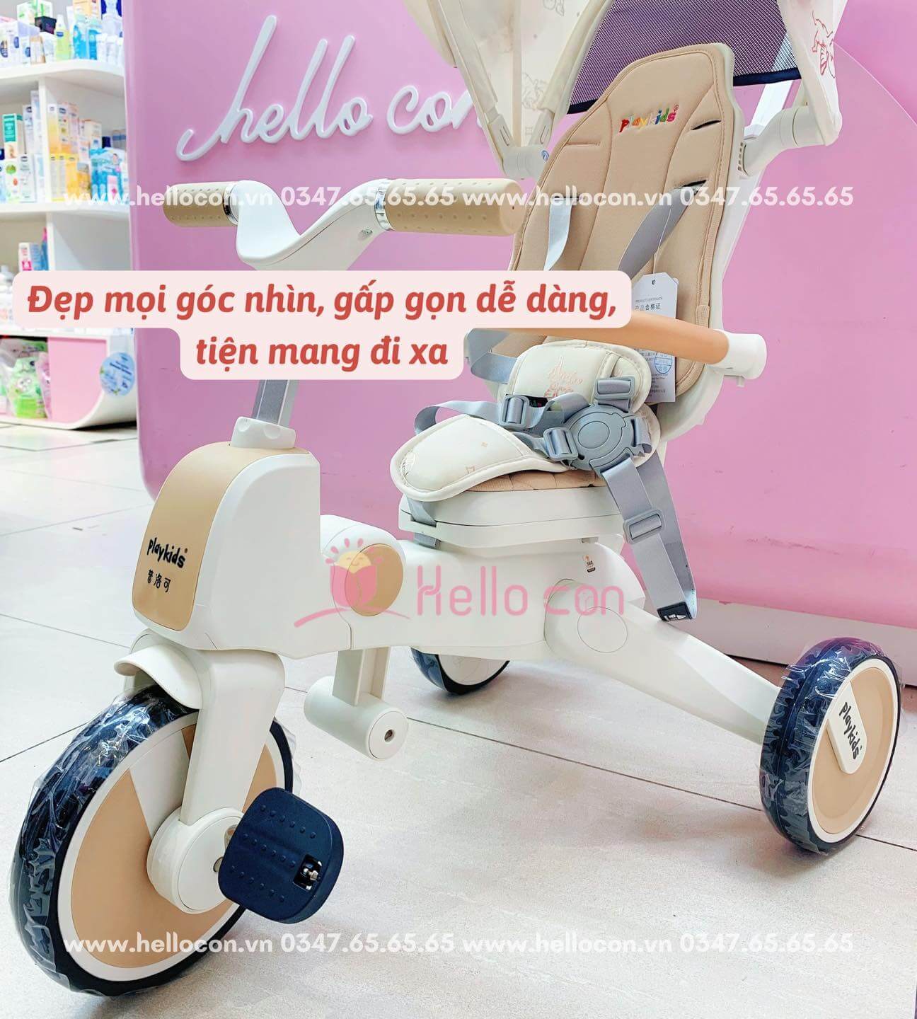 Xe đạp 3 bánh Playkids S03 kèm tay đẩy, mái che, ghế đảo chiều, có thể gập gọn — ảnh 12