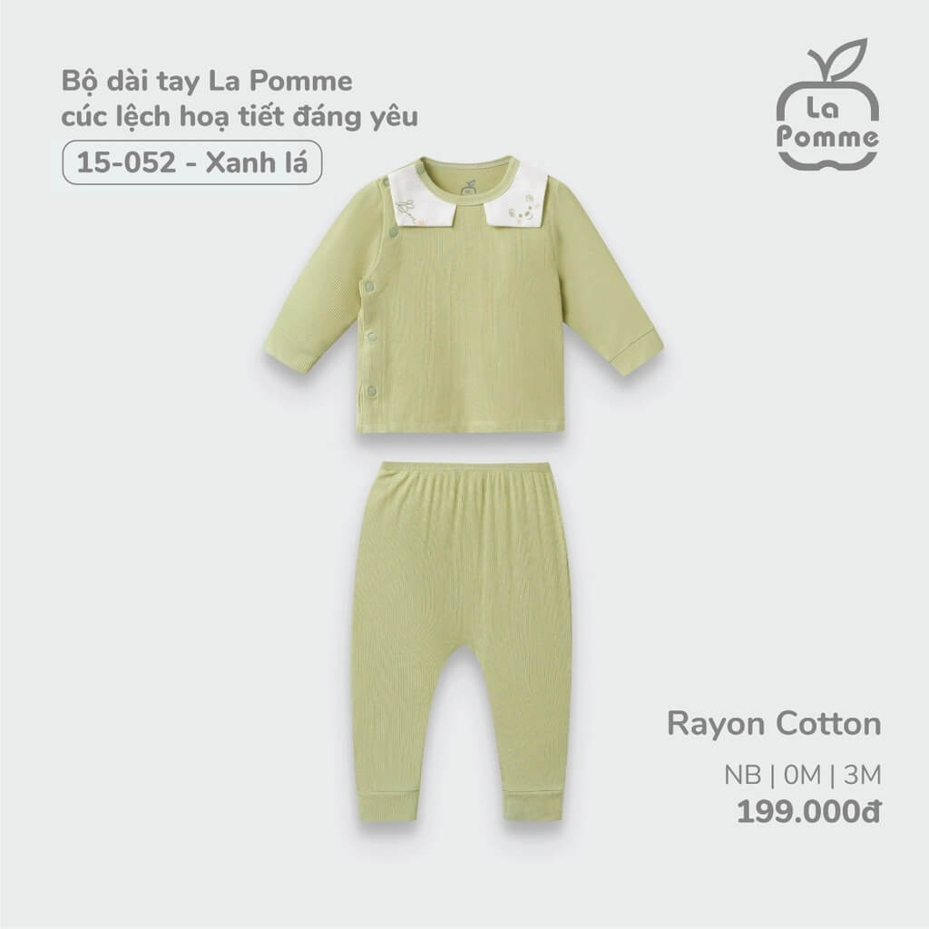 Bộ dài tay La Pomme cúc lệch hoạ tiết đáng yêu Xanh lá (Newborn, 0M, 3M)