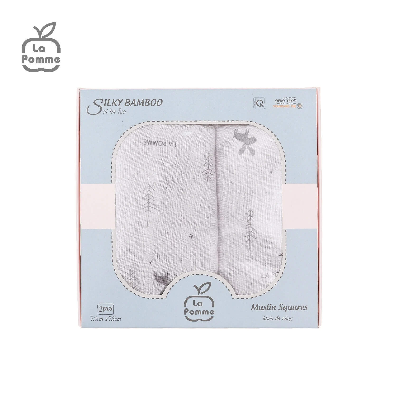 K002 Set 2 khăn tắm sợi tre lụa La Pomme - 75x75cm Hươu Ghi