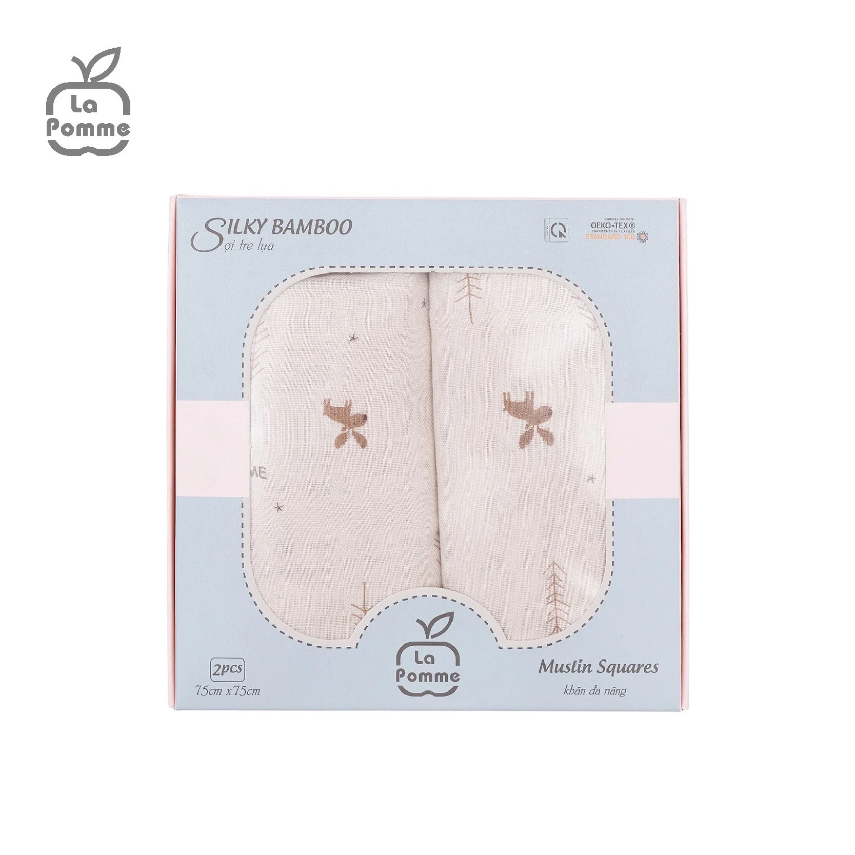 K002 Set 2 khăn tắm sợi tre lụa La Pomme - 75x75cm Hươu Nâu