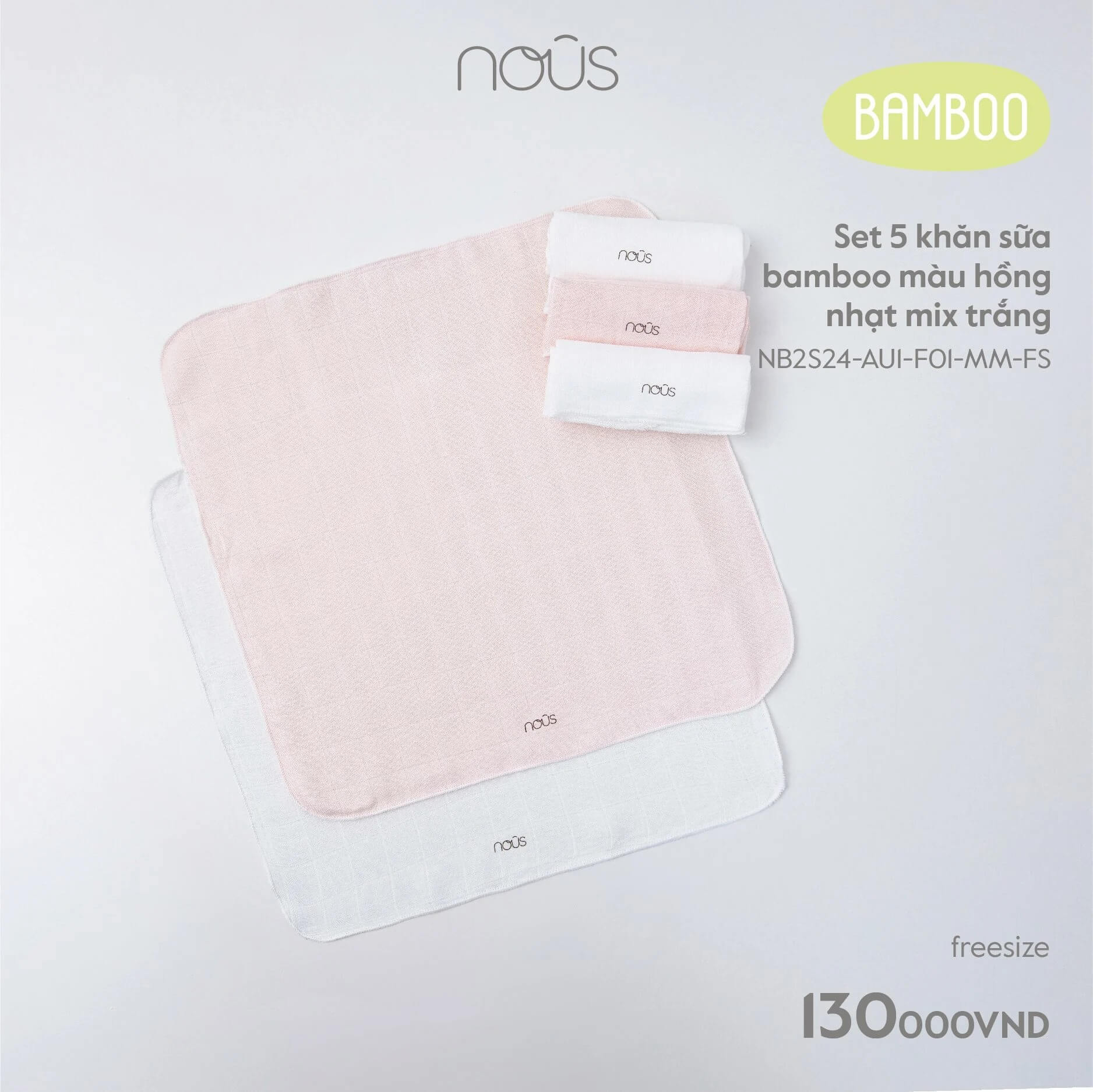 Nous - Set 5 khăn sữa sợi tre màu hồng nhạt mix trắng
