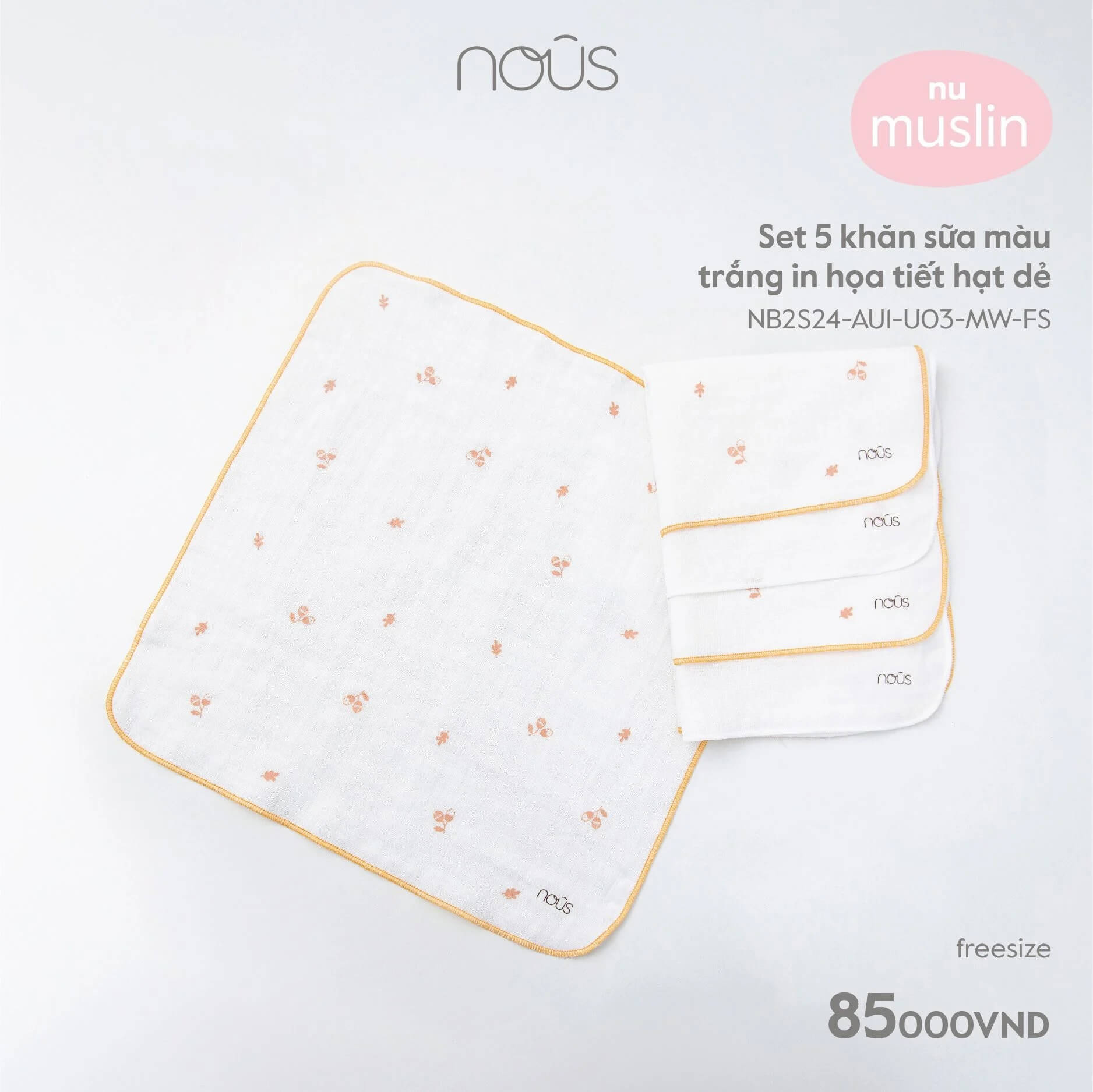 Nous - Set 5 khăn sữa màu trắng in họa tiết hạt dẻ