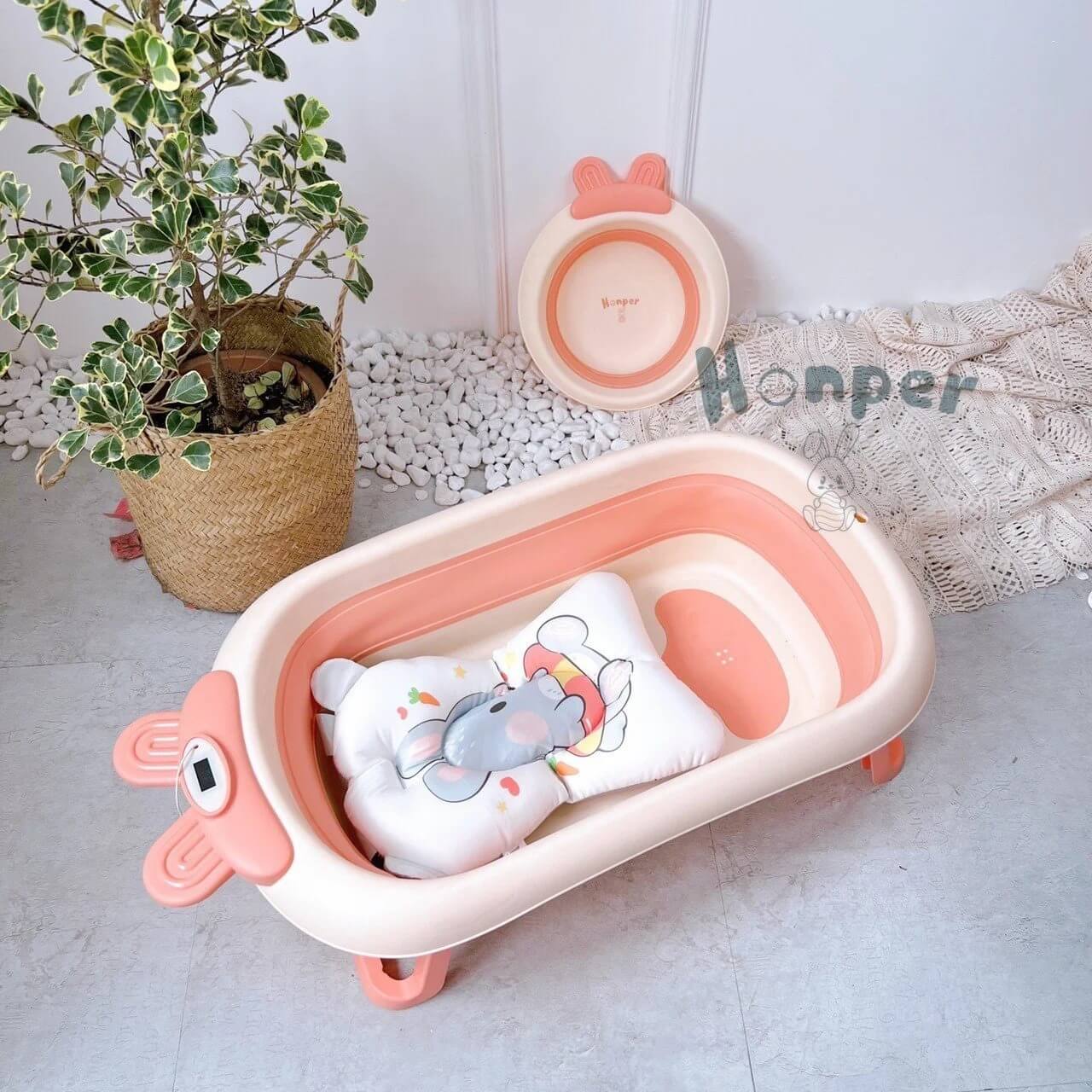 Chậu tắm gấp gọn Honper thỏ kèm phao nhiệt kế HP110