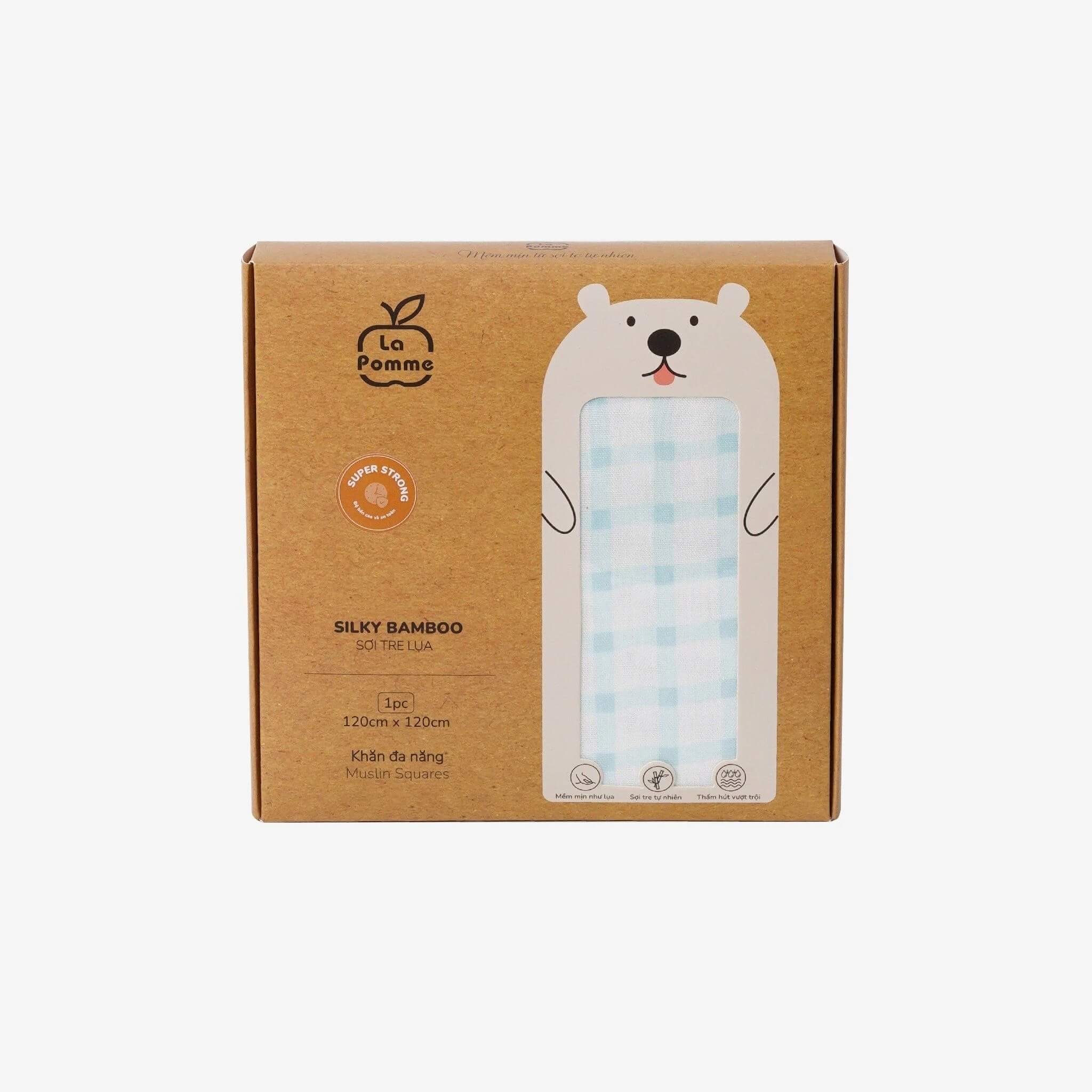 K003 Khăn sữa sợi tre lụa La Pomme phối màu (120x120cm) - Kẻ trắng xanh