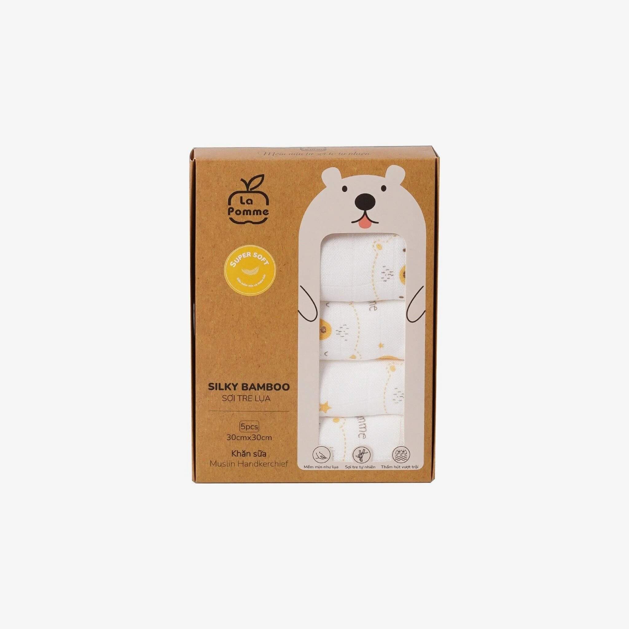 K001 Set 5 Khăn sữa sợi tre lụa La Pomme phối màu (30x30cm) - Gấu vàng